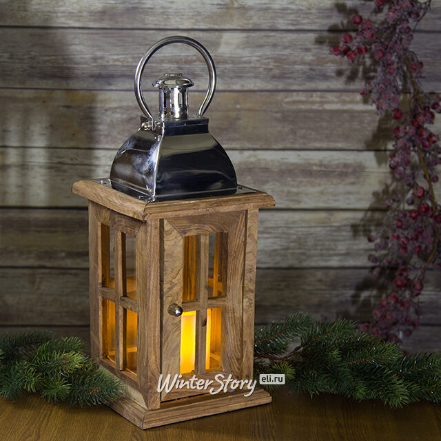 Деревянный подсвечник Фонарь с металлической ручкой, 40*17*17 см Kaemingk