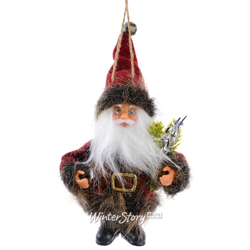 Елочная игрушка Санта в бордовом кафтане с еловыми веточками 13 см, подвеска Kaemingk