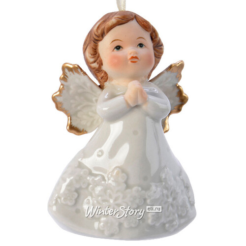 Фарфоровая елочная игрушка Ангелочек Снежинка 9 см белый, подвеска Kaemingk
