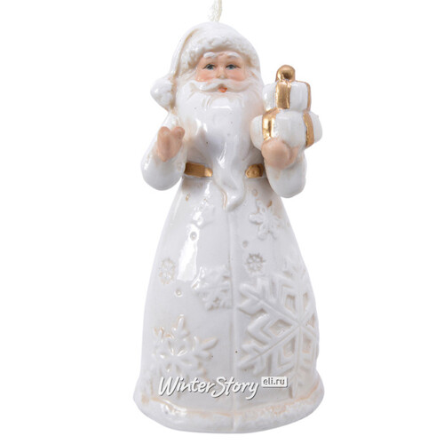 Фарфоровая елочная игрушка Санта в белоснежном кафтане с подарками 10 см, подвеска Kaemingk