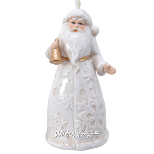 Фарфоровая елочная игрушка Санта в белоснежном кафтане с колокольчиком 10 см, подвеска Kaemingk