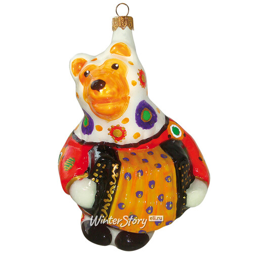 Стеклянная елочная игрушка Мишка с гармошкой - Веселый переполох 13 см, подвеска Фабрика Ариель