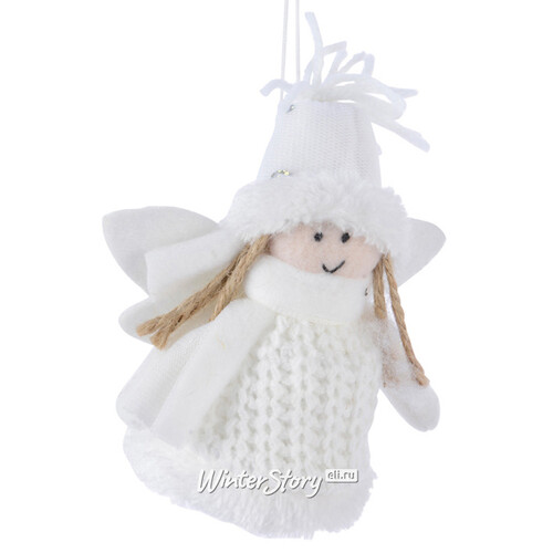 Елочная игрушка Нежный Ангелок в белом вязаном платье 13 см, подвеска Kaemingk