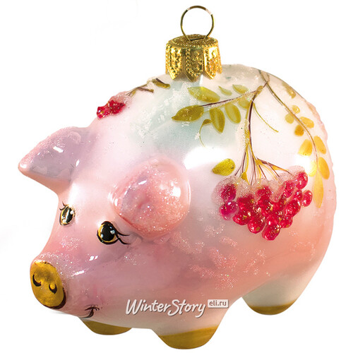 Стеклянная елочная игрушка Свинка - Зимняя ягода 11 см, подвеска Фабрика Ариель