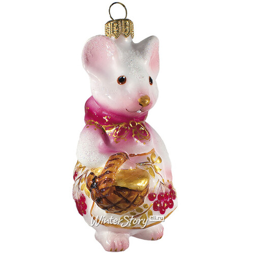 Стеклянная ёлочная игрушка Мышка в фартуке - Зимняя Ягода 10 см, подвеска Фабрика Ариель