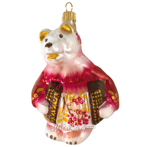 Стеклянная елочная игрушка Мишка с гармошкой - Зимняя ягода 13 см, подвеска Фабрика Ариель