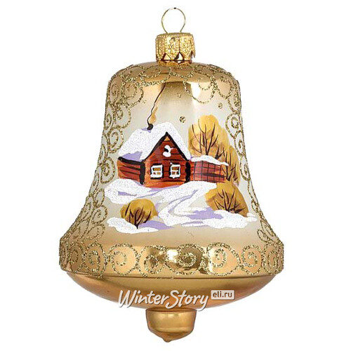 Стеклянная елочная игрушка Колокольчик - Золотой звон 10 см, подвеска Фабрика Ариель