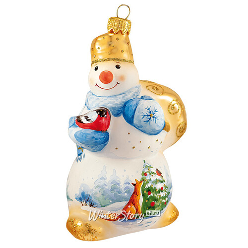 Стеклянная елочная игрушка Снеговик с мешком - Акварель 13 см, подвеска Фабрика Ариель