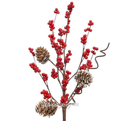 Декоративная ветка с шишками и красными ягодами Ягодный Шейк 30 см Kaemingk