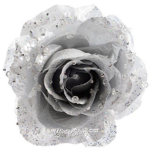 Роза Искристая 14 см серебряная, клипса Kaemingk