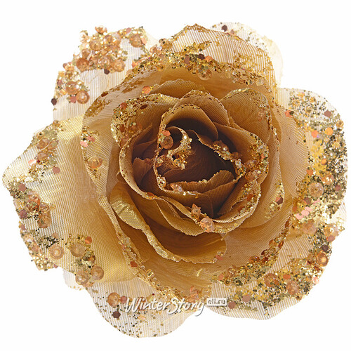 Роза Искристая 14 см золотая, клипса Kaemingk