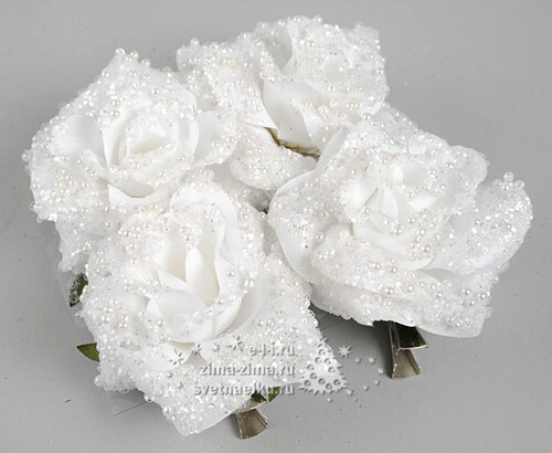 Розы белые, 7,5см, на прищепке, 4 шт Kaemingk