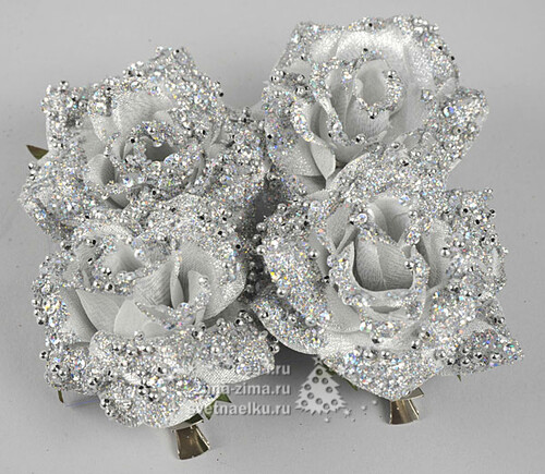 Розы серебряные, 7,5см, на прищепке, 4 шт Kaemingk