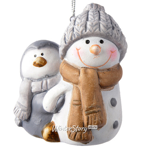 Маленькая елочная игрушка Снеговик с пингвиненком 7 см, подвеска Kaemingk