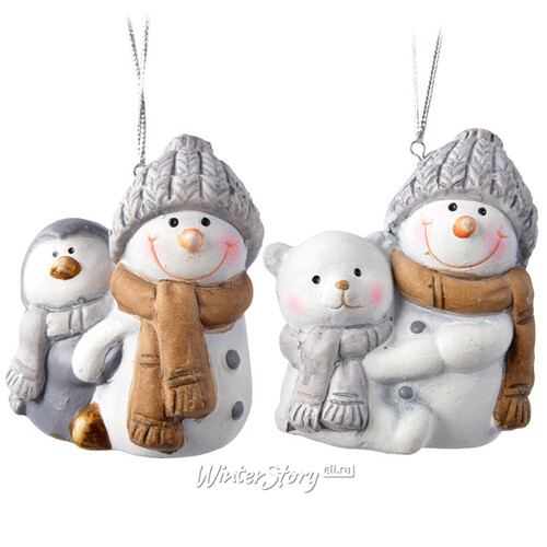 Маленькая елочная игрушка Снеговик с пингвиненком 7 см, подвеска Kaemingk