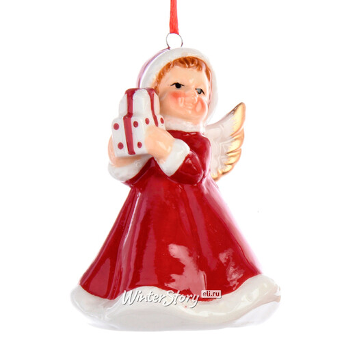 Елочная игрушка Рождественский Ангел с подарком 8 см, подвеска Kaemingk