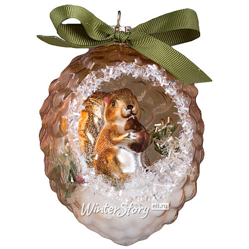Стеклянный шар - шишка с композицией Лесные Жители - Белка 11*7 см, стекло, подвеска Holiday Classics