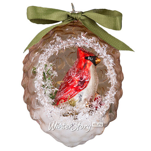 Стеклянный шар - шишка с композицией Лесные Жители - Птичка 11*7 см, стекло, подвеска Holiday Classics