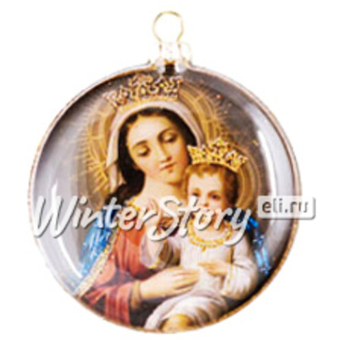 Стеклянная елочная игрушка-медальон Богоматерь с Младенцем 8 см, серебристый фон, подвеска Holiday Classics