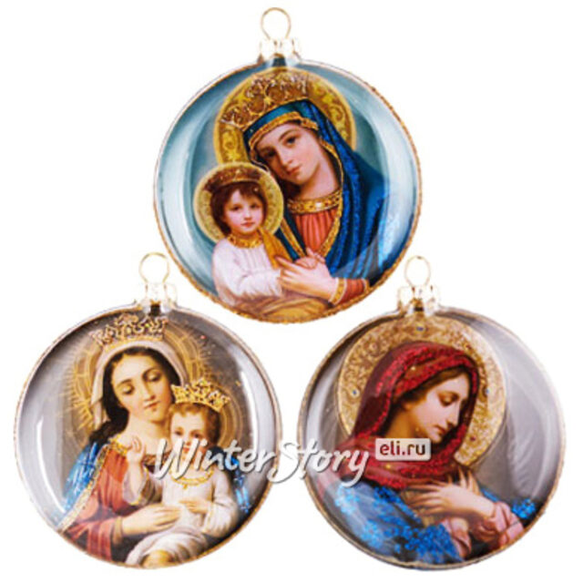 Стеклянная елочная игрушка-медальон Богоматерь с Младенцем 8 см, серебристый фон, подвеска Holiday Classics