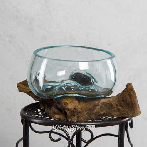 Плоская ваза Тьерри 22 см на деревянной подставке, стекло, уцененная Kaemingk
