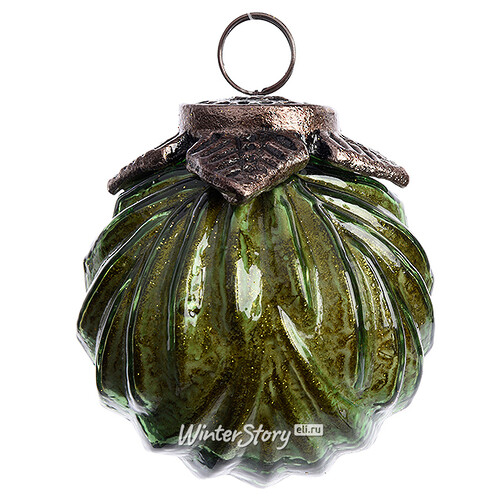 Винтажный шар Резной Орех 10 см зеленый бархат, стекло Kaemingk