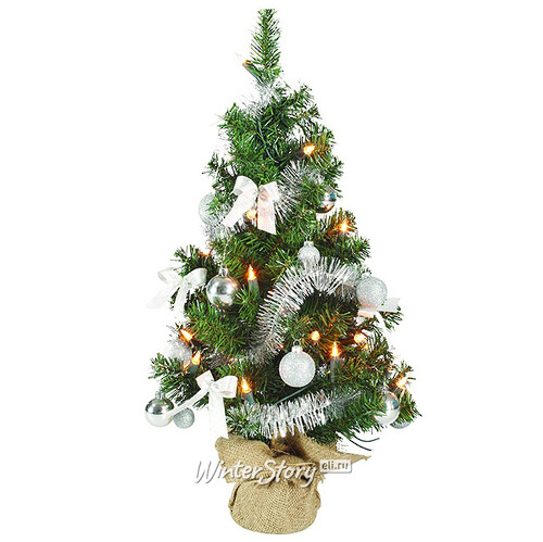 Настольная елка c лампочками Нарядная 61 см с серебряным декором, 20 теплых белых ламп, ПВХ Kaemingk