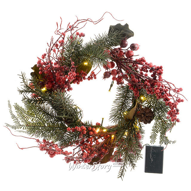 Венок Сочные Ягодки 40 см, 20 теплых белых LED ламп на батарейках, ЛИТАЯ 100% Kaemingk