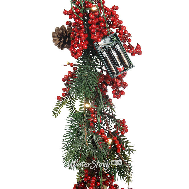 Хвойная гирлянда с лампочками Сочные Ягодки 180*15 см, 20 теплых белых LED ламп на батарейках, ЛИТАЯ 100% Kaemingk