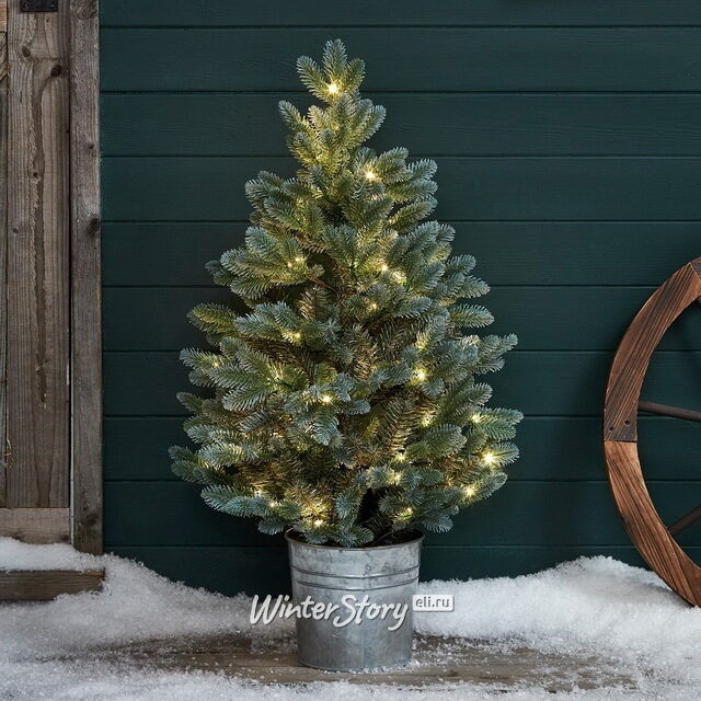 Искусственная елка с лампочками Тронхейм 90 см зелено-голубая в металлическом кашпо, 100 теплых белых ламп на батарейках, контроллер, ЛИТАЯ + ПВХ, IP44 Kaemingk