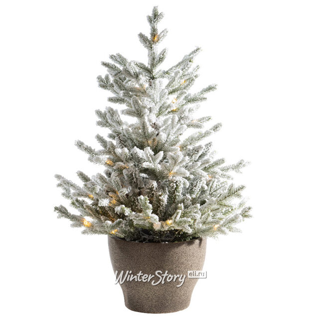 Искусственная елка с лампочками Norway 120 см заснеженная в кашпо, 80 теплых белых ламп на батарейках, контроллер, ЛИТАЯ + ПВХ, IP44, уцененная Kaemingk