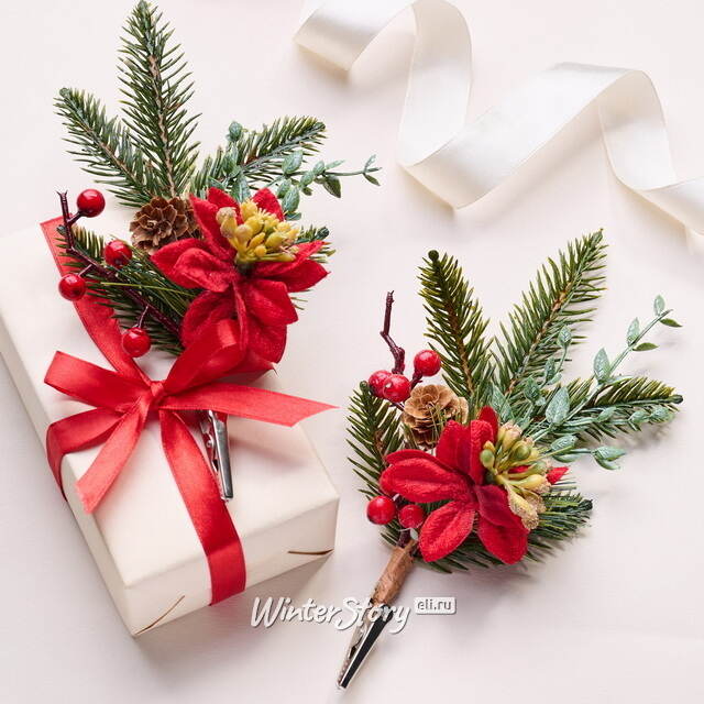 Хвойная ветка Red Romano 23 см с ягодами и шишками, 2 шт, ЛИТАЯ + ЛЕСКА Kaemingk