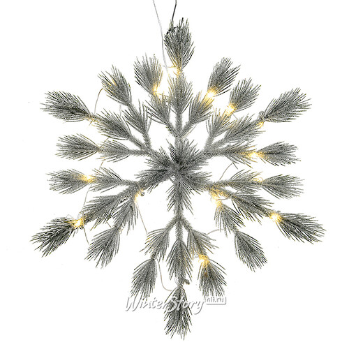 Хвойная Снежинка с лампочками Аврора 39 см заснеженная с блестками, 20 теплых белых LED ламп, ЛИТАЯ 100% Kaemingk