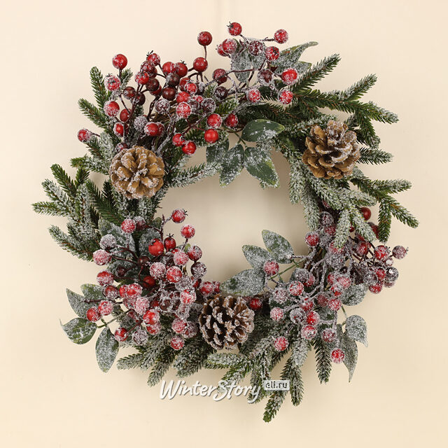 Венок заснеженный Ягодная Хвоя 40 см, ЛИТАЯ 100% Kaemingk