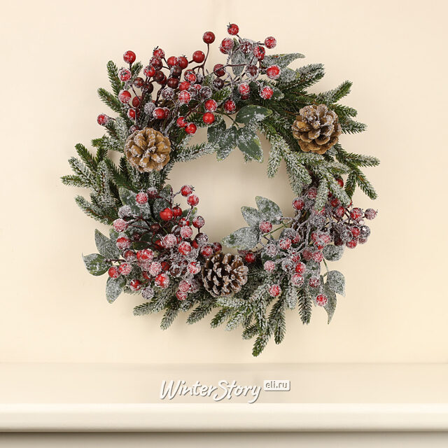 Венок заснеженный Ягодная Хвоя 40 см, ЛИТАЯ 100% Kaemingk