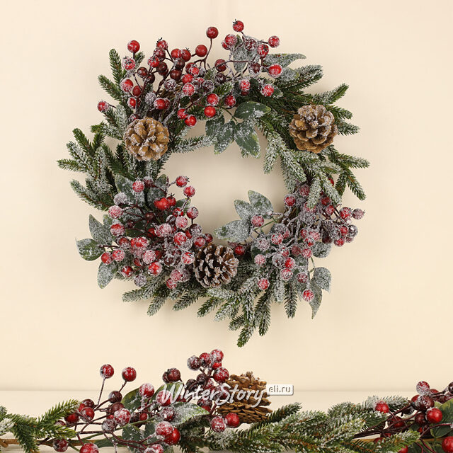 Венок заснеженный Ягодная Хвоя 40 см, ЛИТАЯ 100% Kaemingk