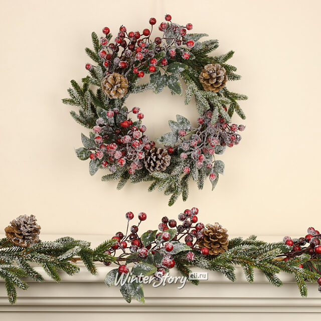 Венок заснеженный Ягодная Хвоя 40 см, ЛИТАЯ 100% Kaemingk