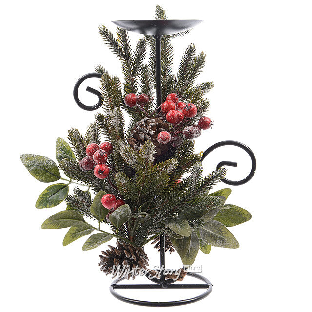 Подсвечник Заснеженная Клюковка 33 см с шишками и ягодами на 1 свечу Kaemingk