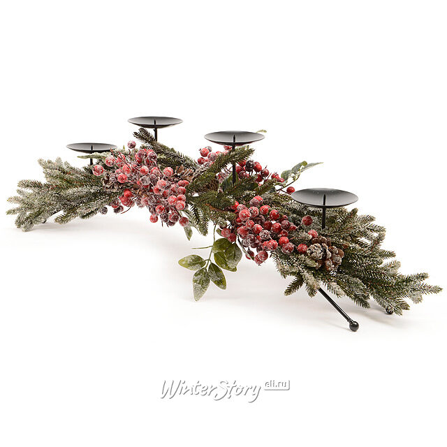 Подсвечник - мост Заснеженная Клюковка 96 см с шишками и ягодами на 4 свечи Kaemingk