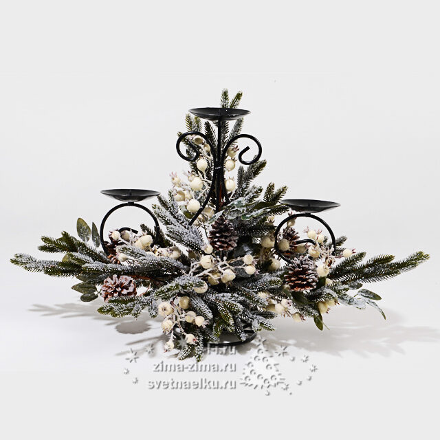 Подсвечник Зимняя Ягодка 51 см с декором из хвои и ягод на 3 свечи Kaemingk