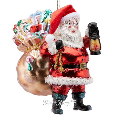 Стеклянная елочная игрушка Санта с мешком подарков - Christmas Periple 14 см, подвеска EDG