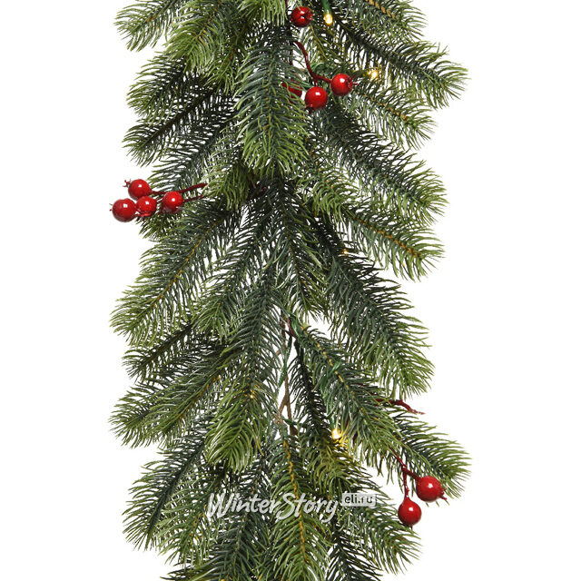 Хвойная гирлянда с лампочками Ягодное настроение 180*30 см, 35 теплых белых LED ламп, ЛИТАЯ 100%, IP44 Kaemingk