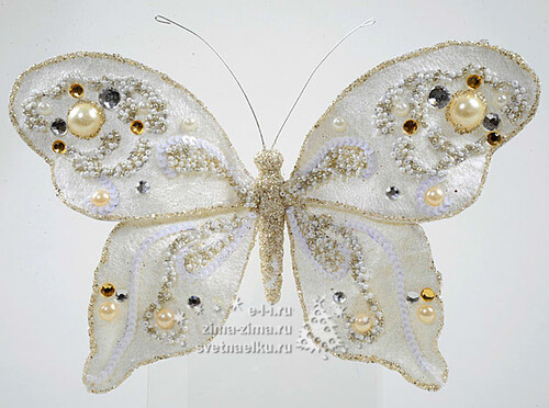 Елочное украшение "Бабочка с блестками", 20*15 см, кремовый, клипса Kaemingk