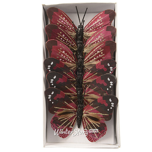 Елочное украшение Бабочки-Мотыльки из Перышек 10 см бордовые 6 шт на проволоке Kaemingk