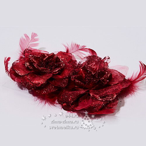 Роза с перышками, 12 см, 2 шт, бордовый, клипса Kaemingk