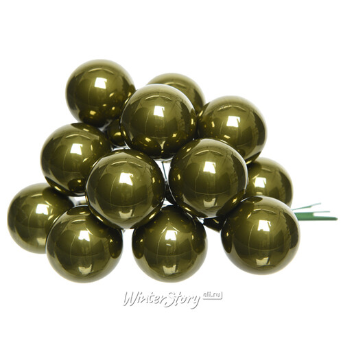 Гроздь стеклянных шаров на проволоке 2.5 см оливковый бархат - эмаль, 12 шт Kaemingk