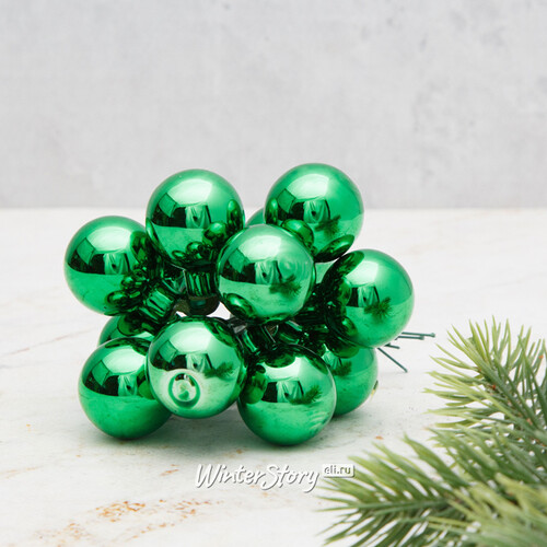 Гроздь стеклянных шаров на проволоке 2.5 см рождественский зеленый глянцевый, 12 шт Kaemingk
