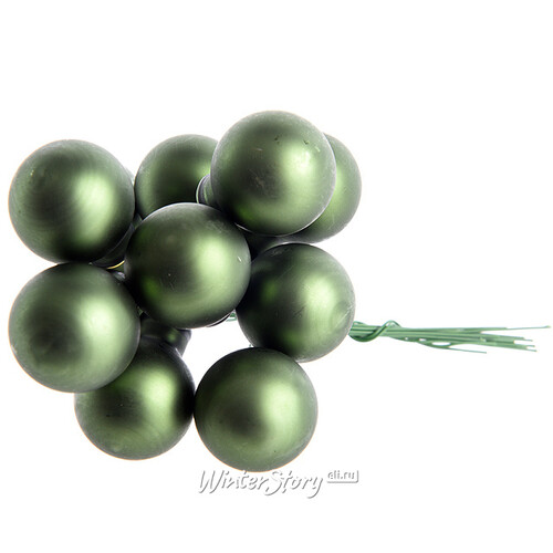 Гроздь стеклянных шаров на проволоке 2.5 см зеленый бархат матовый, 12 шт Kaemingk
