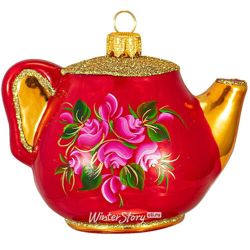 Стеклянная елочная игрушка Чайник - Чайная Роза 9 см, подвеска Фабрика Ариель