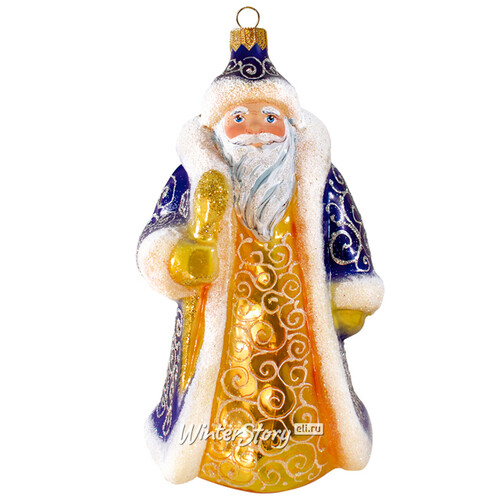 Стеклянная елочная игрушка Дед Мороз в синей шубе 13 см, подвеска Фабрика Ариель